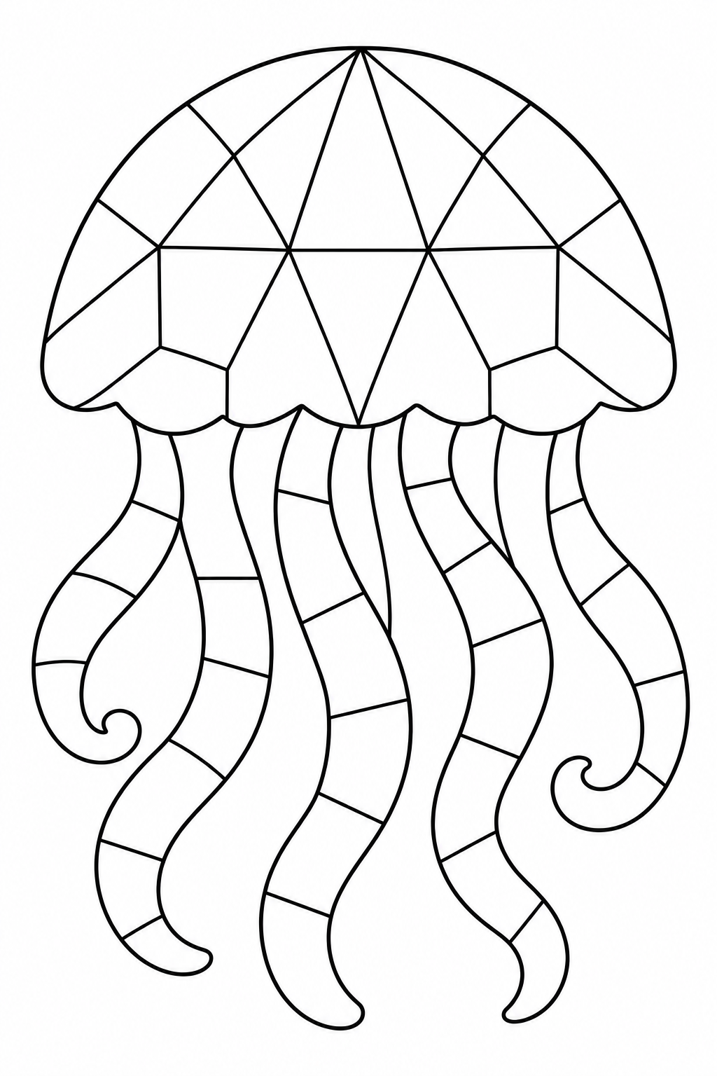 Large geometric sections form a jellyfish and its ribbon-like tentacles.