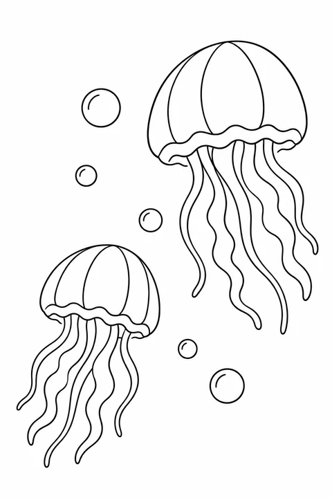 Two jellyfish of different sizes drift among bubbles.