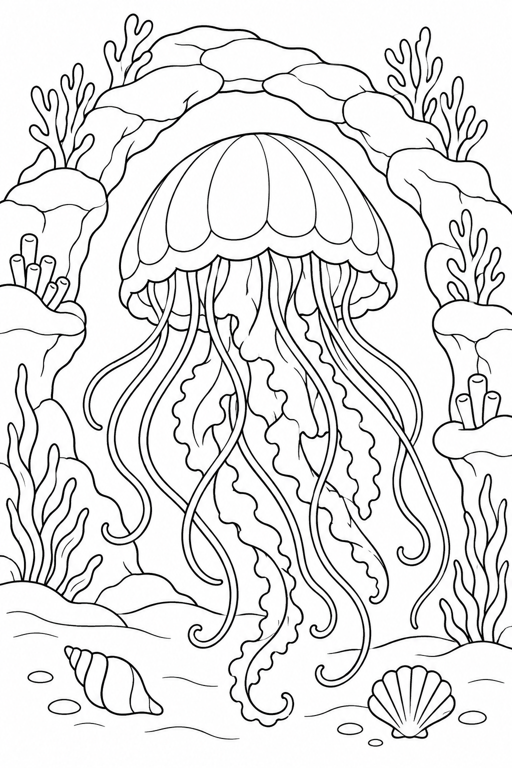 A jellyfish floats in front of an underwater rock arch.