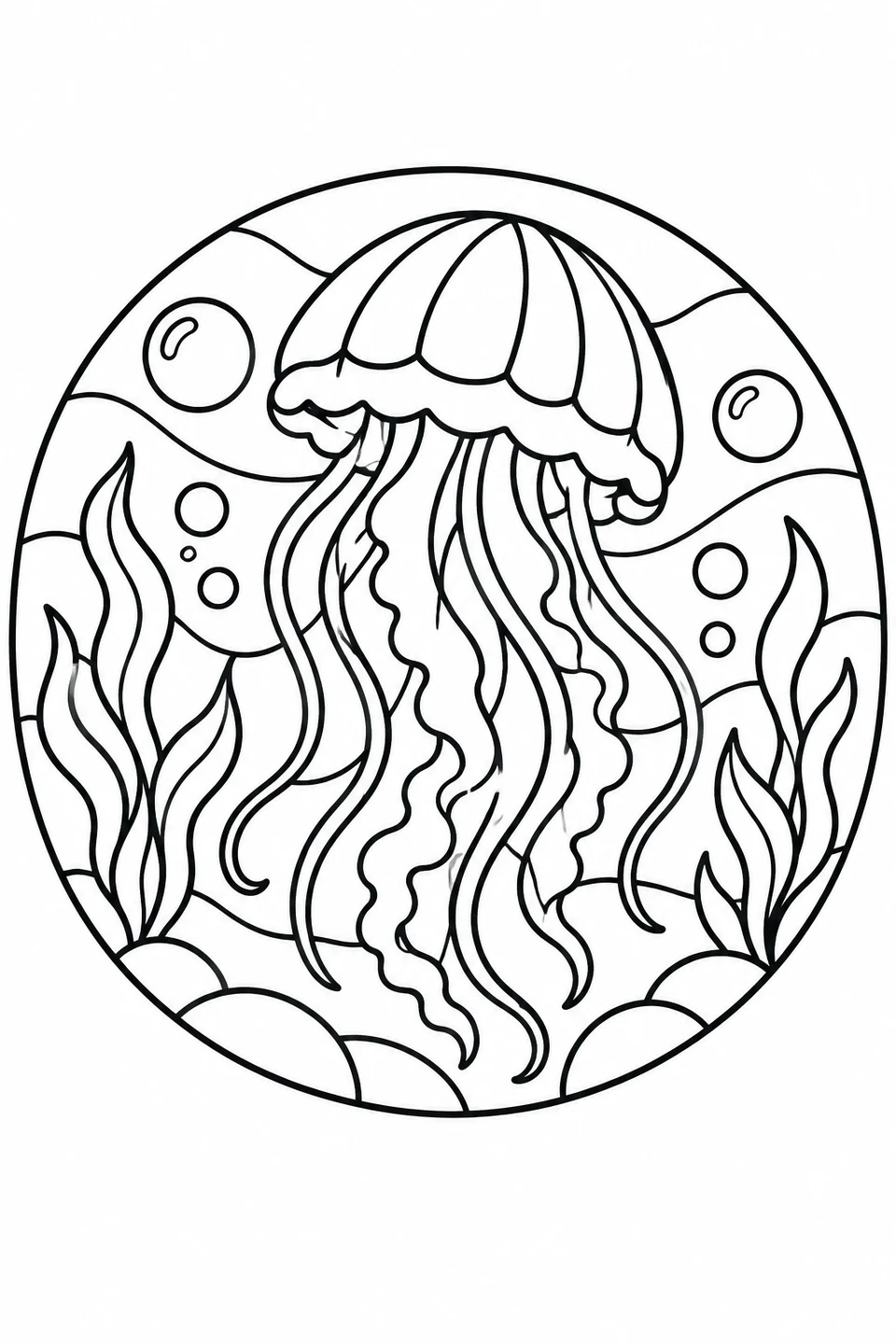 A round window design frames a jellyfish with bubbles and sea plants.