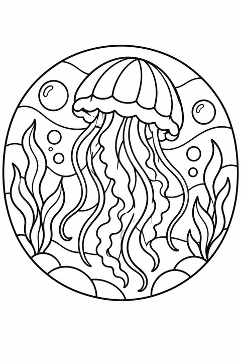 A round window design frames a jellyfish with bubbles and sea plants.
