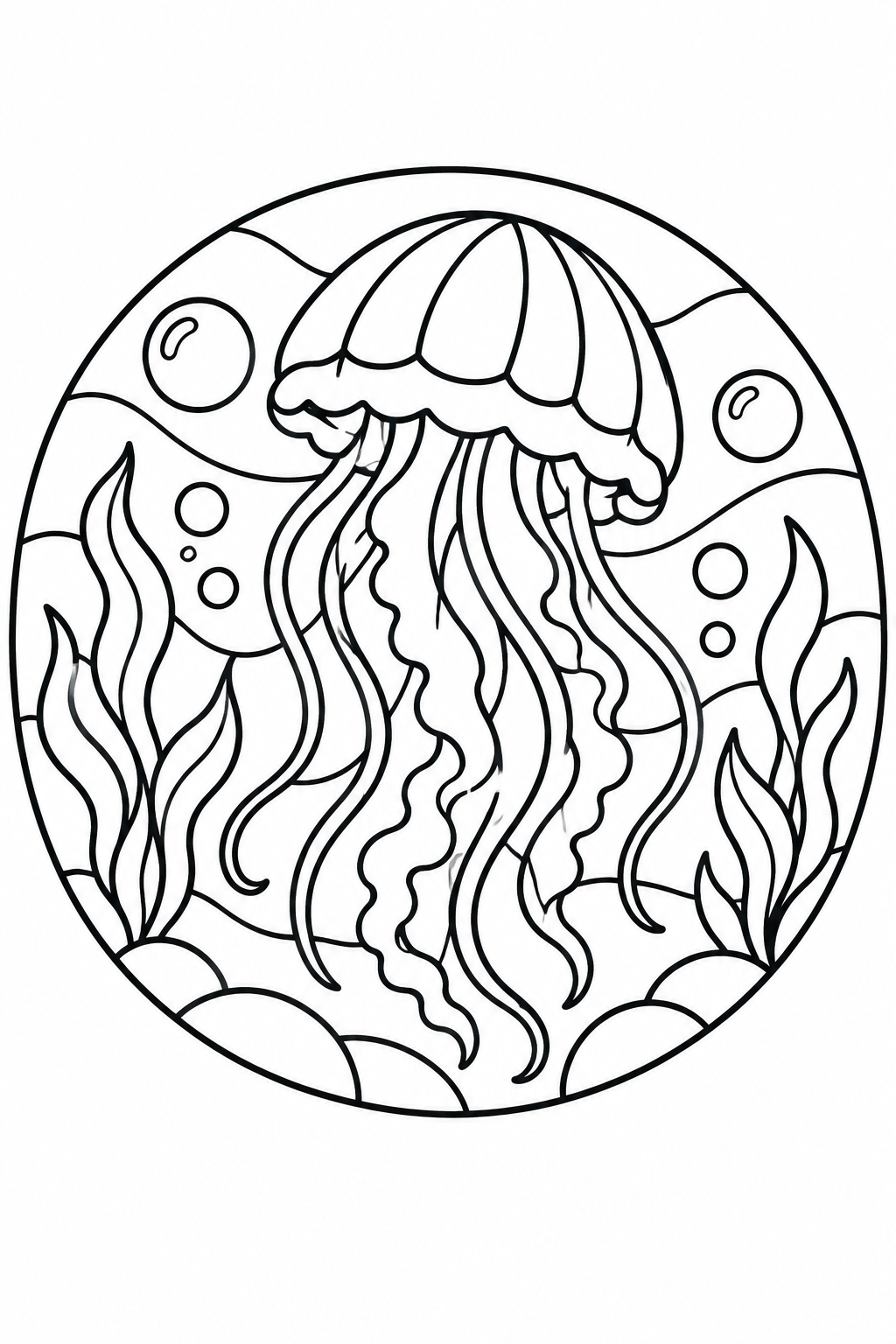 A round window design frames a jellyfish with bubbles and sea plants.