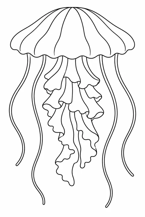 A broad bell sits above ruffled arms and long fine tentacles.