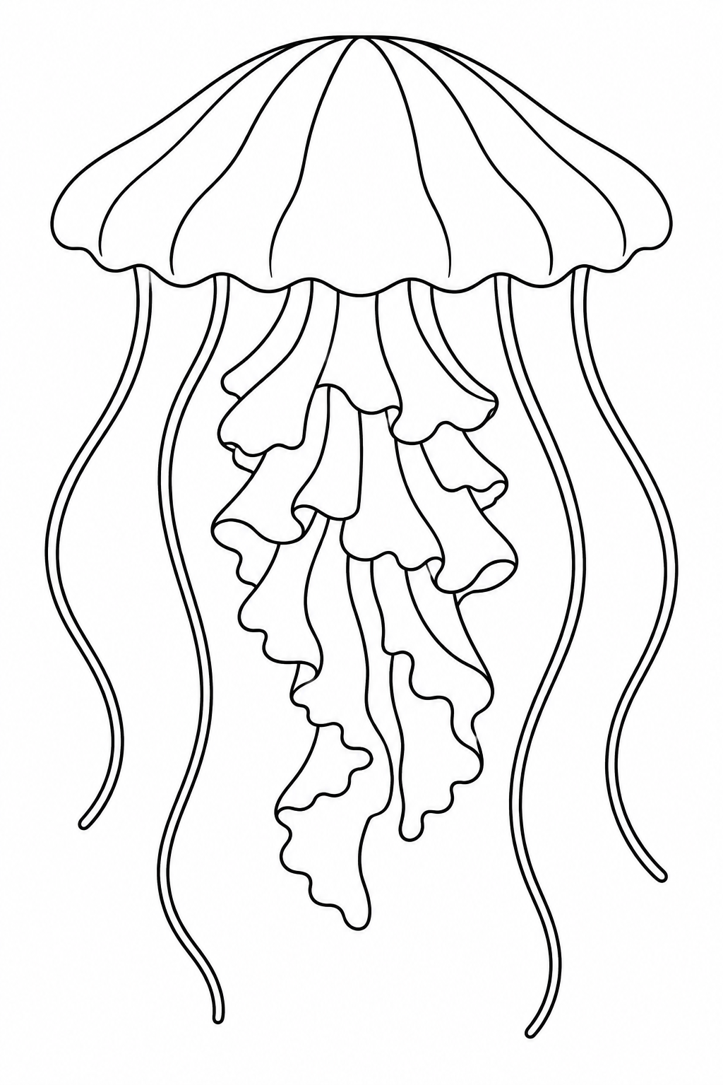 A broad bell sits above ruffled arms and long fine tentacles.