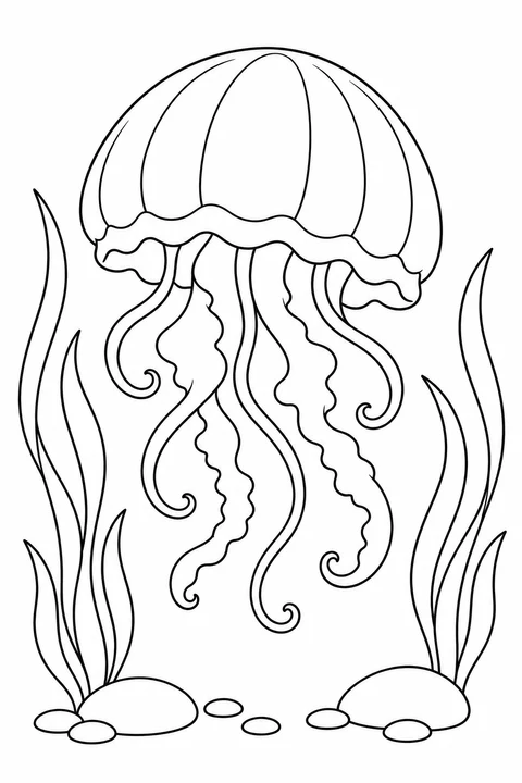 A jellyfish floats between long sea grass leaves above small stones.