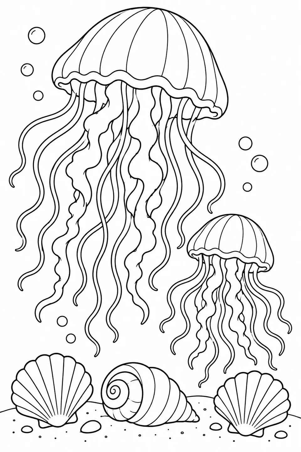 Two jellyfish drift above a small bed of seashells.