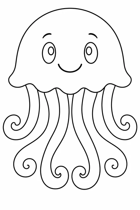A smiling jellyfish has wide tentacles that curl at the ends.