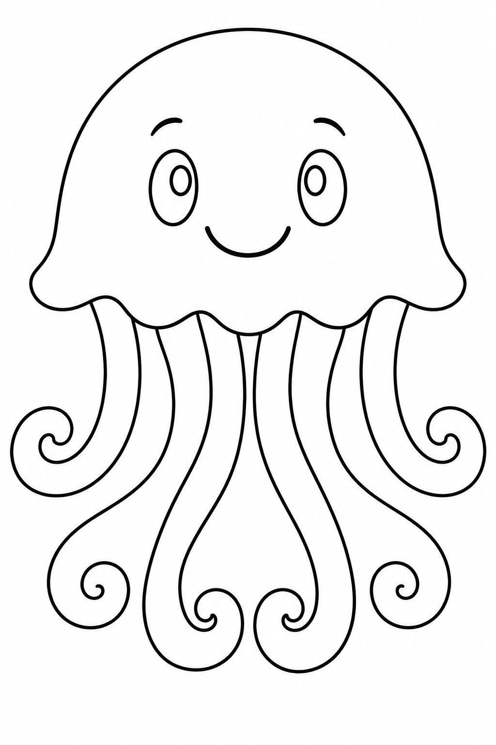 A smiling jellyfish has wide tentacles that curl at the ends.