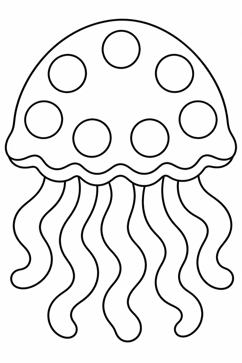 Large round spots decorate a jellyfish bell above waving tentacles.