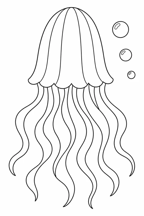 A tall jellyfish bell sits above long flowing tentacles beside a few bubbles.