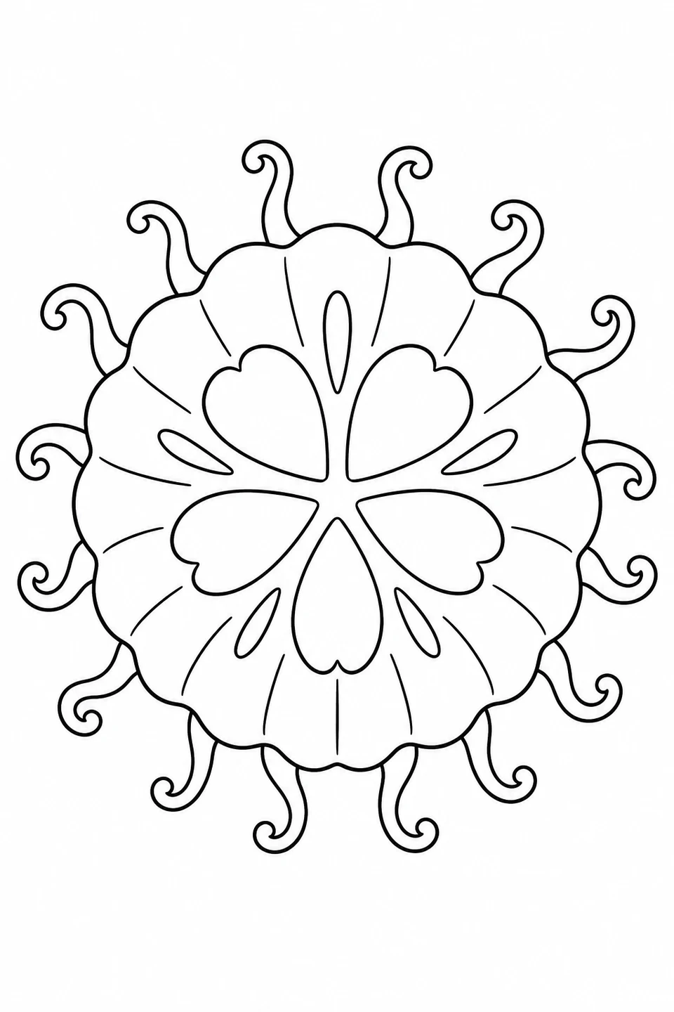 A round jellyfish has five petal shapes in the center and little curled tentacles around its edge.