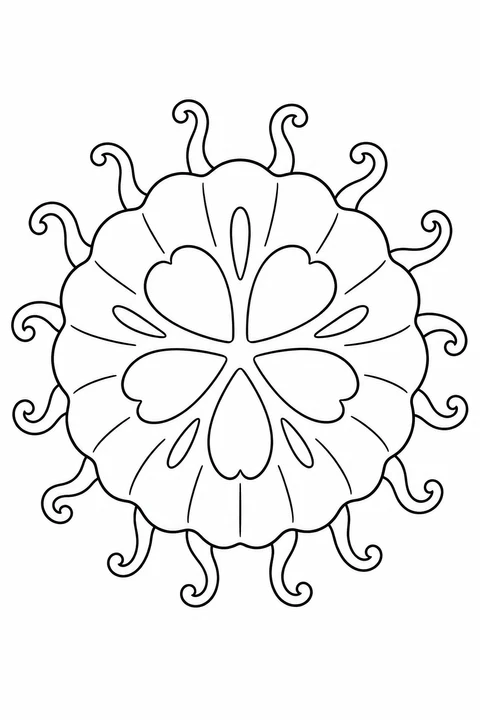 A round jellyfish has five petal shapes in the center and little curled tentacles around its edge.