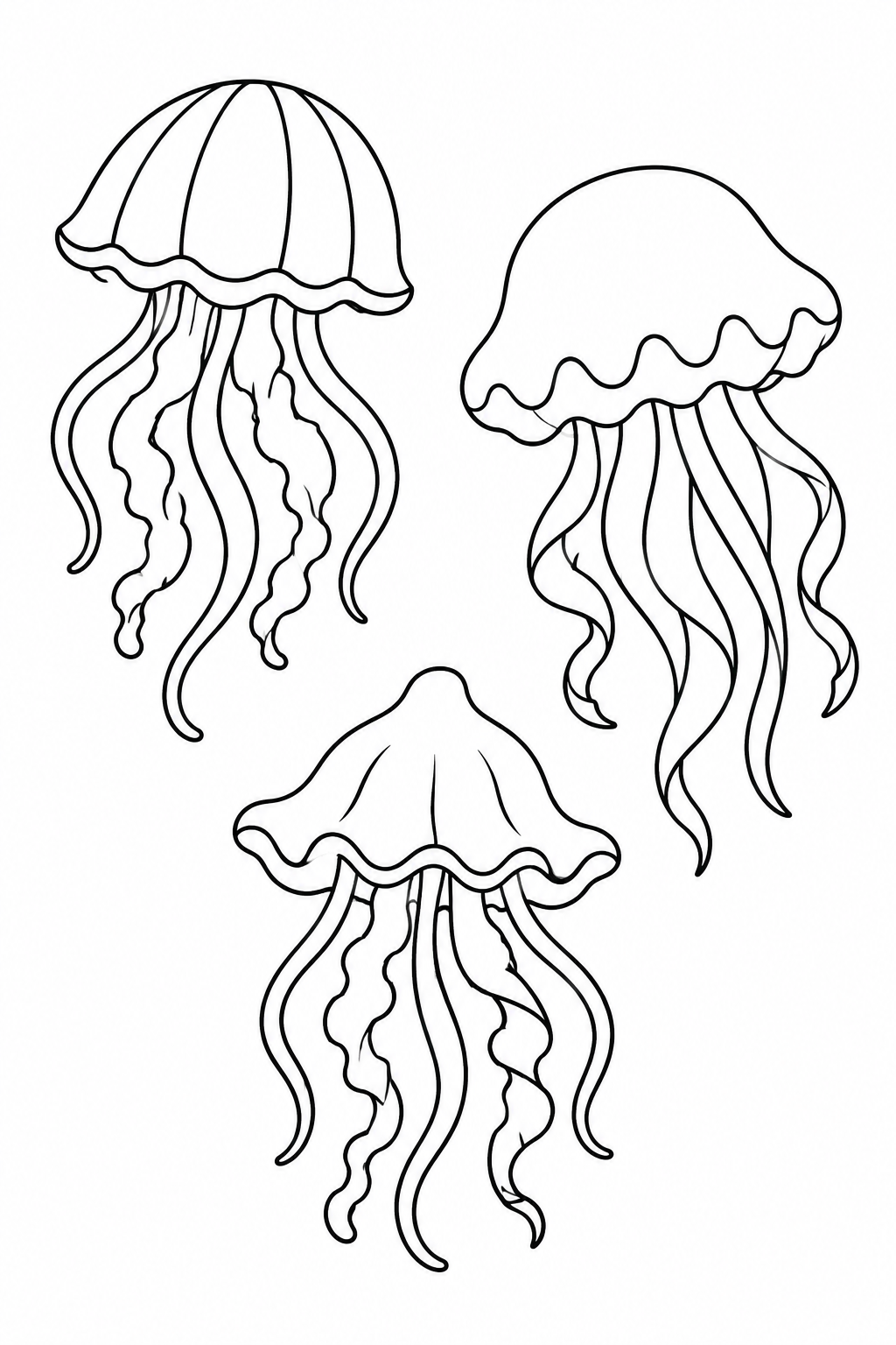 Three jellyfish have different bell shapes and flowing tentacles.
