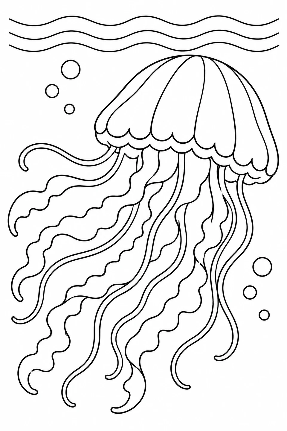 A jellyfish trails its tentacles beneath wavy water lines.