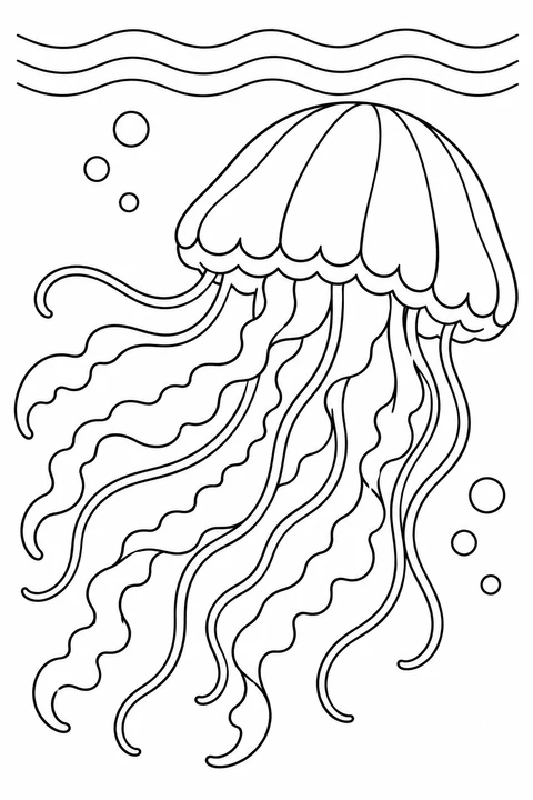 A jellyfish trails its tentacles beneath wavy water lines.