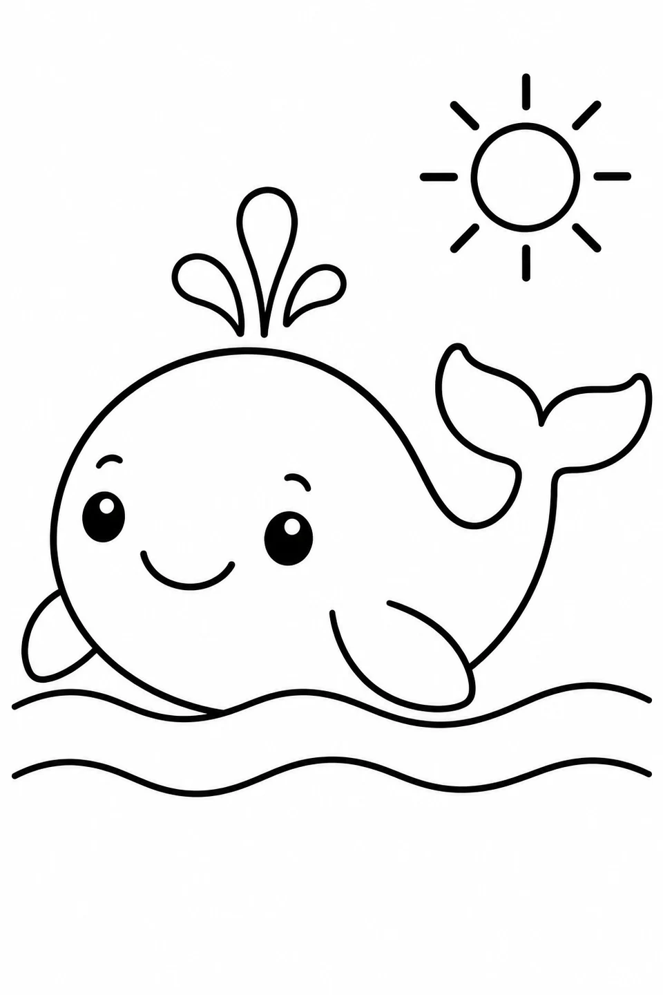 A smiling cartoon whale makes a little spout above gentle waves under the sun.