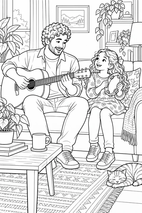 Dad plays an acoustic guitar while his daughter shakes a tambourine beside him on the sofa.