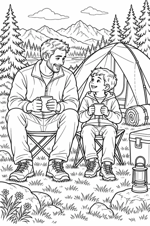 An adult man and a boy hold mugs on folding chairs outside a tent, with a rolled mat, cooler, lantern, lake and mountains.