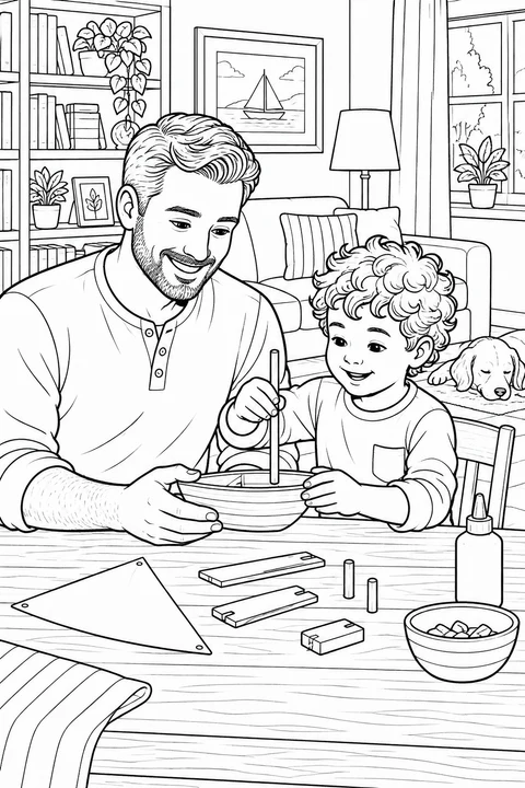 An adult man and a boy fit a mast into a model boat at a table with a triangular sail piece, wooden parts and glue.