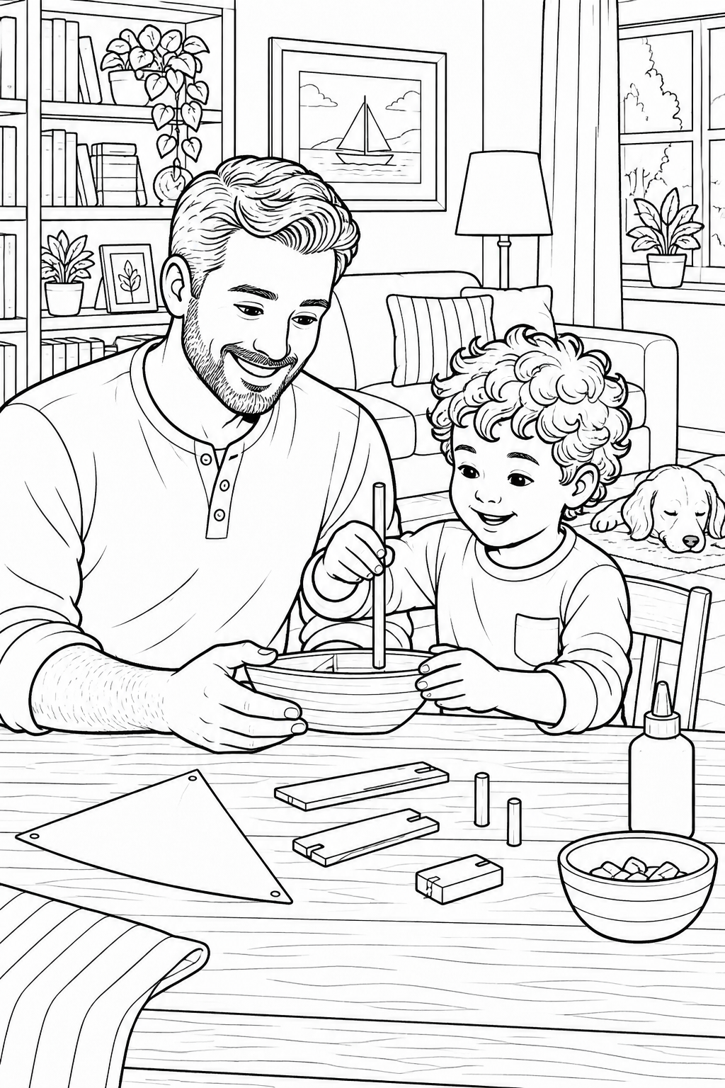 An adult man and a boy fit a mast into a model boat at a table with a triangular sail piece, wooden parts and glue.