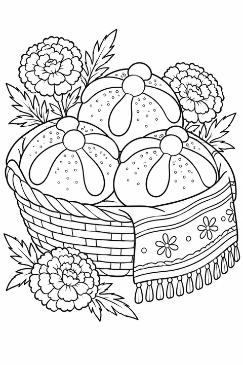 Three round loaves of pan de muerto sit in a basket with a patterned cloth and marigolds.