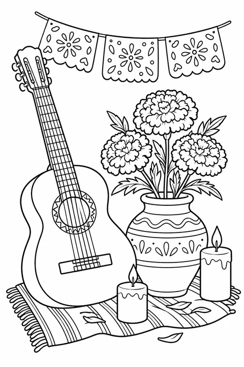 A guitar rests beside a vase of marigolds and two candles under papel picado banners.
