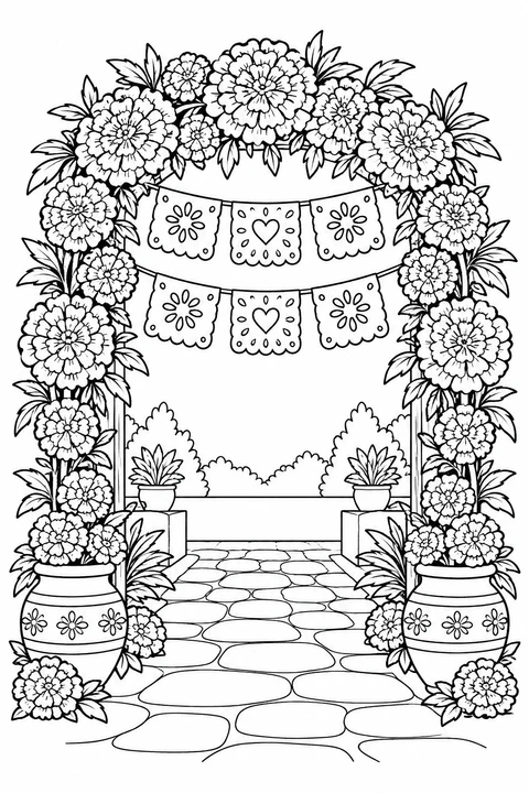A marigold-covered arch frames a garden path beneath two rows of papel picado decorations.