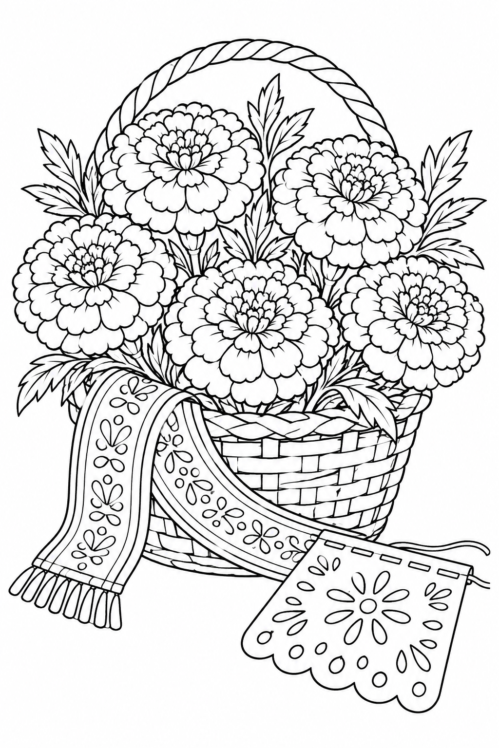 A woven basket overflows with marigolds above a patterned cloth and a papel picado decoration.