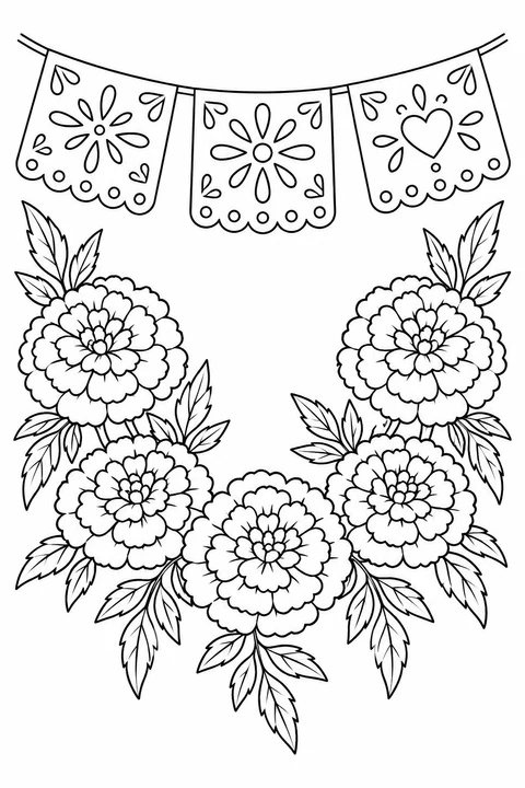 Five marigolds form a leafy garland beneath three papel picado banners for Mexico’s Day of the Dead.