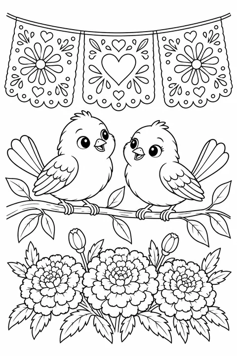 Two cheerful birds perch on a branch beneath three papel picado banners, with marigolds below.