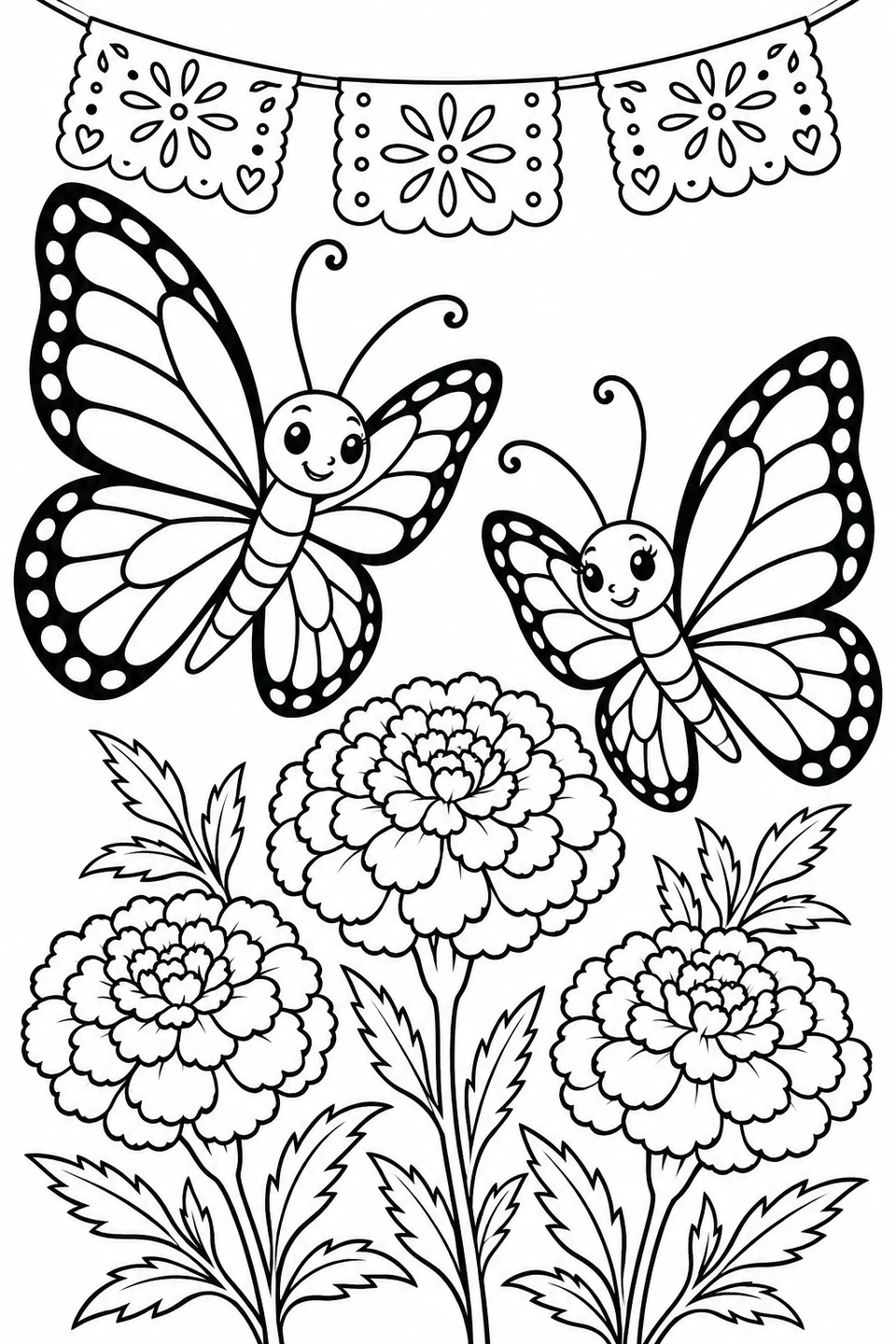 Two smiling butterflies fly over three marigold flowers beneath decorative paper banners.
