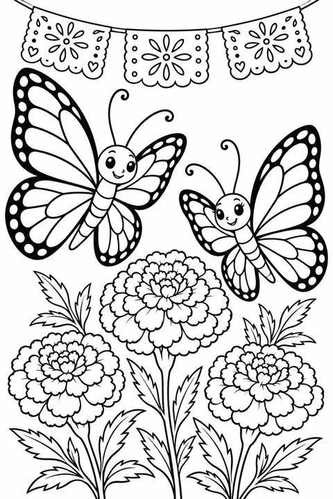 Two smiling butterflies fly over three marigold flowers beneath decorative paper banners.