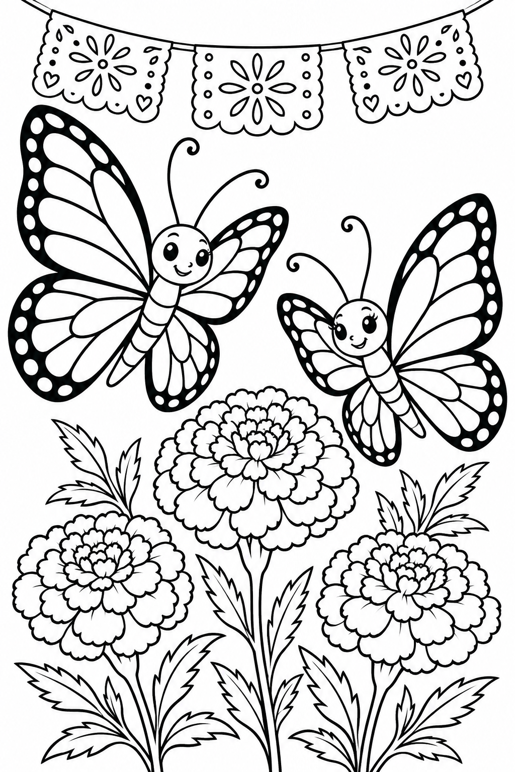 Two smiling butterflies fly over three marigold flowers beneath decorative paper banners.