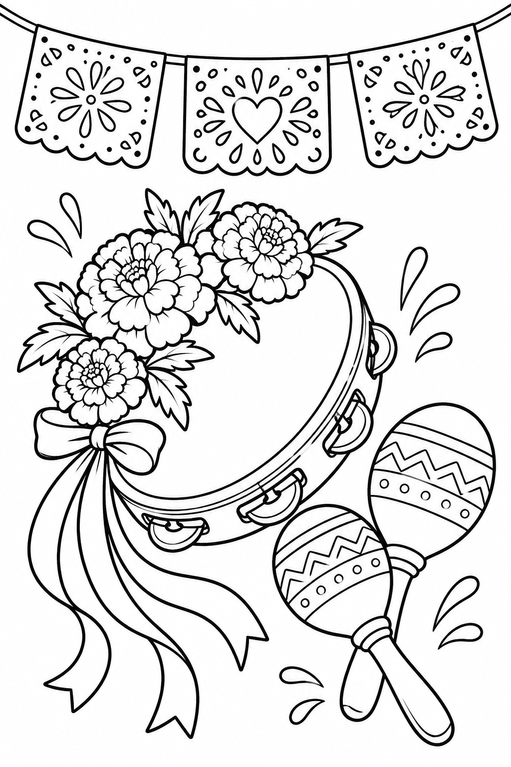 A flower-trimmed tambourine and two maracas sit beneath a cut-paper banner.