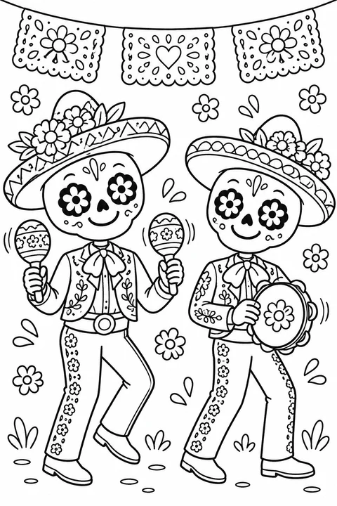 Two cheerful calaveras play maracas and a tambourine in flower-decorated outfits. Bring their Day of the Dead music party to life with color.