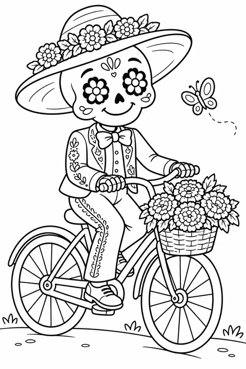 A smiling calavera rides a bicycle with a basket of marigolds. A butterfly joins this playful Day of the Dead scene.
