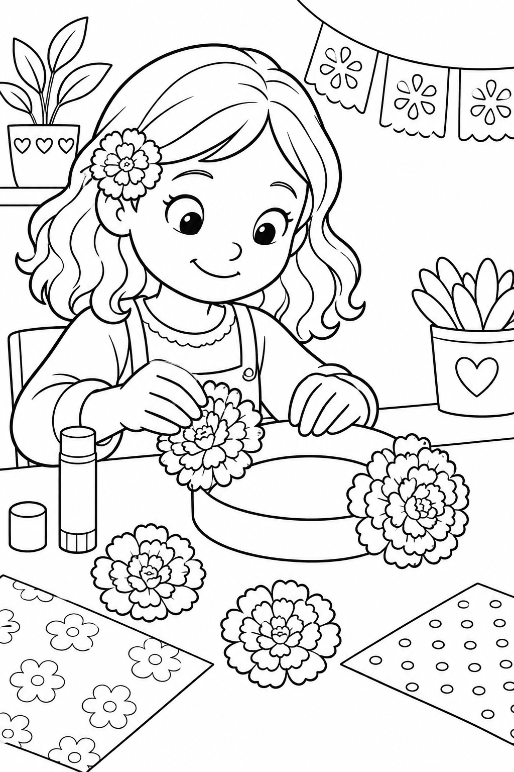 A child arranges paper marigolds on a circular headband at a craft table.