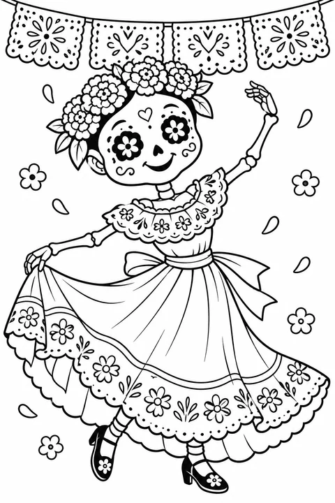 A smiling calavera dances in a flowing flower dress and marigold crown beneath decorative paper banners. A joyful Day of the Dead coloring page.