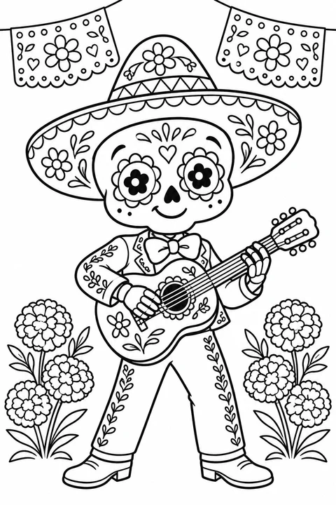 A friendly calavera plays guitar among marigolds and paper banners. Add your favorite colors to this cheerful Day of the Dead musician.