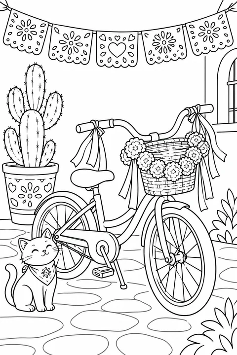 A bicycle with marigolds around its basket rests beside a cactus and a cat, beneath cut-paper banners.