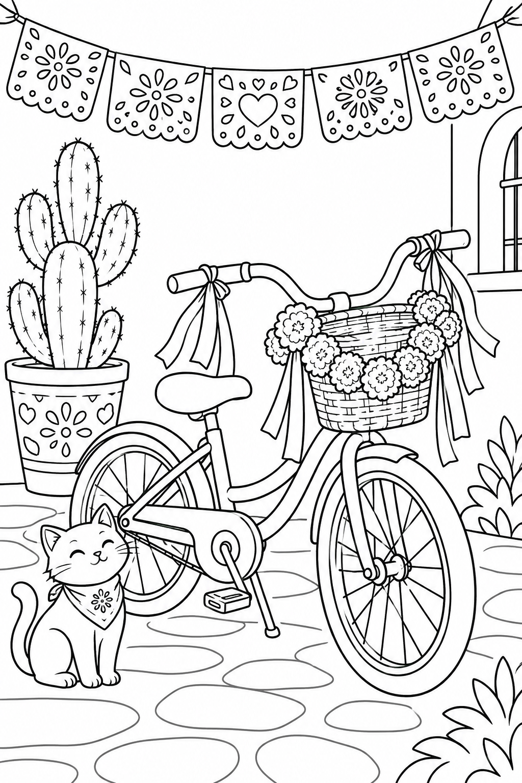 A bicycle with marigolds around its basket rests beside a cactus and a cat, beneath cut-paper banners.