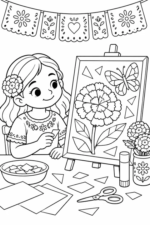 A child makes a marigold and butterfly mosaic beneath papel picado. Color the paper shapes and flowers in this gentle Day of the Dead craft scene.