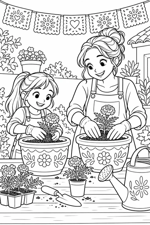 A parent and child in aprons and gloves plant marigolds in patterned pots. Papel picado hangs above their Day of the Dead gardening activity.