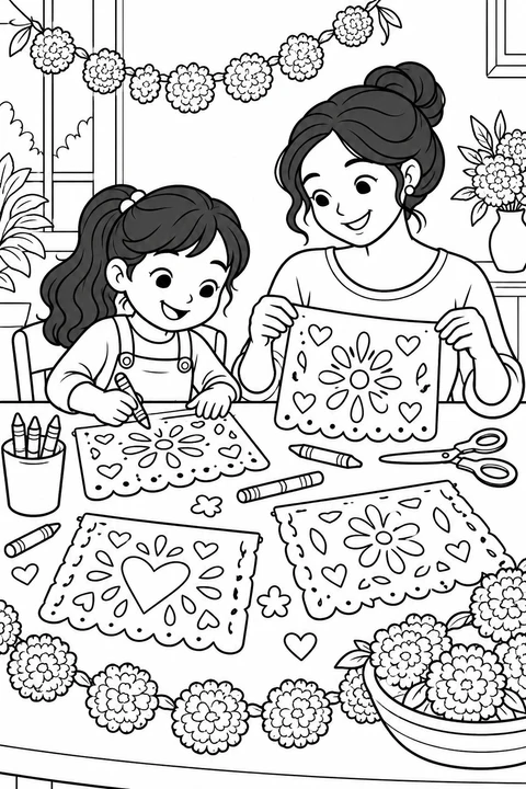 A parent and child decorate paper banners with flower and heart designs at a craft table.