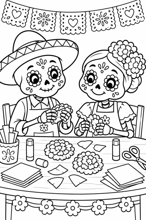 Two friendly calaveras make paper flowers at a craft table. Color their aprons, flowers and festive Day of the Dead decorations.