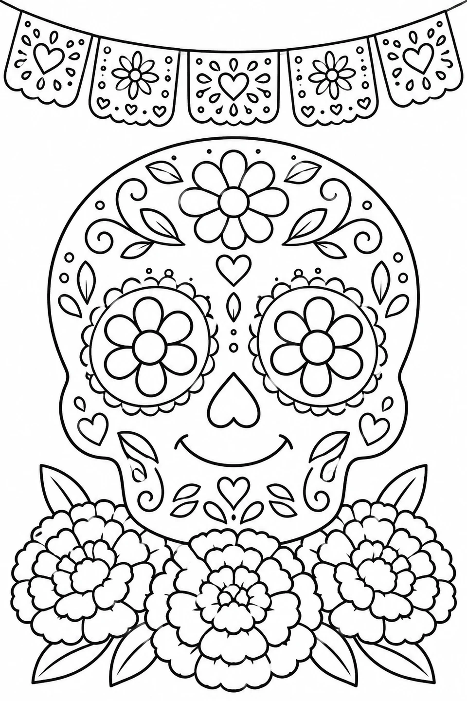 A smiling sugar skull has flower-shaped eyes, hearts and leafy patterns. Color the marigolds and paper banners around this Day of the Dead design.