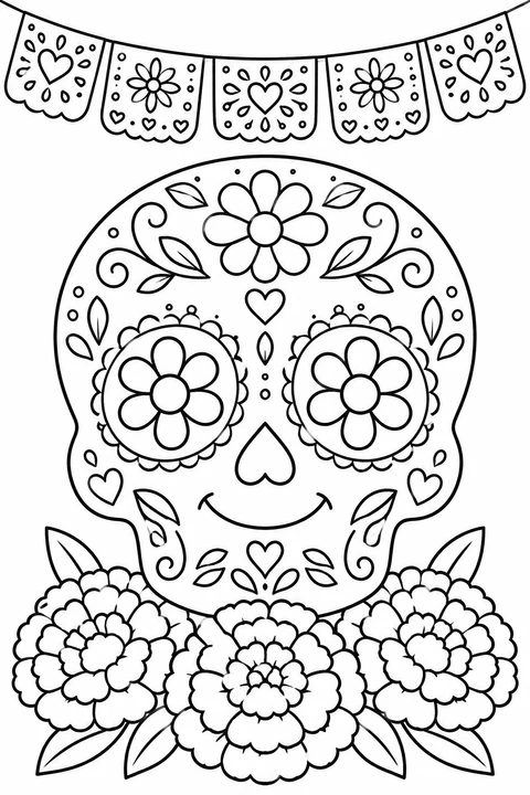 A smiling sugar skull has flower-shaped eyes, hearts and leafy patterns. Color the marigolds and paper banners around this Day of the Dead design.