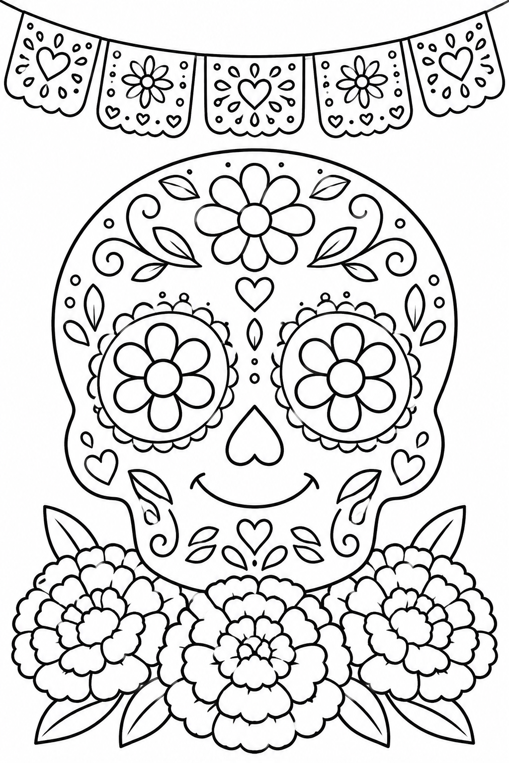 A smiling sugar skull has flower-shaped eyes, hearts and leafy patterns. Color the marigolds and paper banners around this Day of the Dead design.