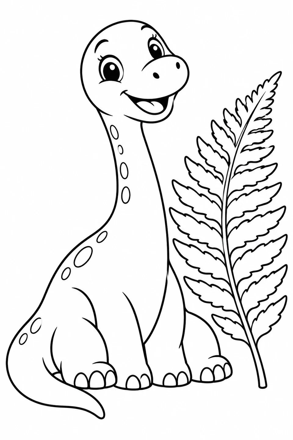 Ein fröhliches Dinobaby sitzt neben einem großen Farnwedel.