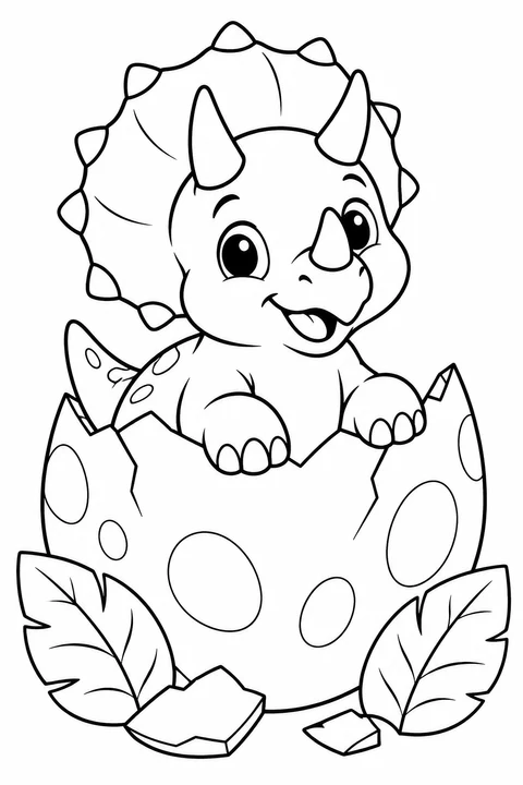 A smiling baby dinosaur peeks out of a patterned egg.